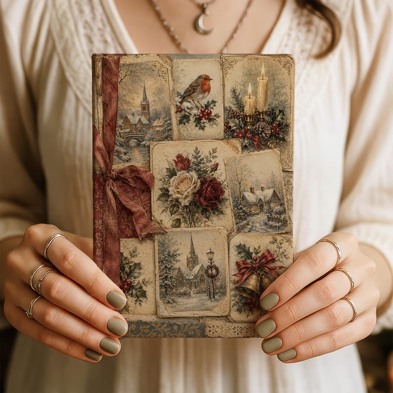 May include: A rectangular journal featuring a collage of vintage-style winter illustrations, including a robin, snowy landscapes, candles, roses, and bells. The cover is accented with a dark red ribbon tied on the left side, creating a textured, layered appearance.