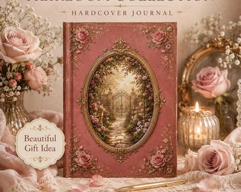 May include: A dusty rose hardcover journal featuring an oval gold frame on the cover, which displays an illustration of a stone path leading to a garden gate. The text reads HEIRLOOM COLLECTION, HARDCOVER JOURNAL, Beautiful Gift Idea, and Timeless Beauty.