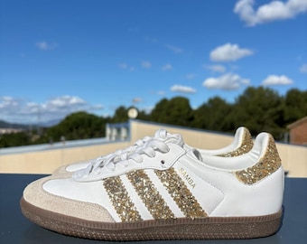 Golden Glitter Samba Sneakers – Handmade Adidas Shoes | Custom White & Gold Trainers | Unique Pair
