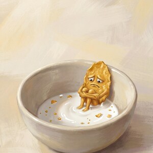 May include: A whimsical illustration depicts a sad, anthropomorphic cereal piece sitting in a bowl of milk. The cereal character is golden-brown, with a forlorn expression. The bowl is off-white, and the milk contains small cereal pieces.