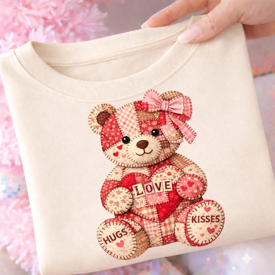 Valentine Teddy Bear PNG, Cute Patchwork Bear Clipart, Love Hugs Kisses ...