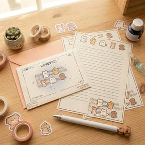 May include: A collection of stationery items including decorative tape, stickers, notepaper, and an envelope. The items feature a cute cartoon puppy design in various colors. A pen and a small succulent plant are also present on a wooden surface.