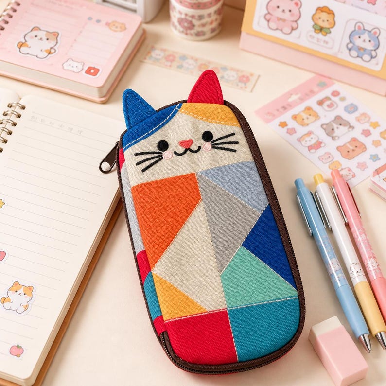 May include: A rectangular fabric pencil case shaped like a cat with a geometric patchwork design in red, orange, yellow, blue, teal, and gray. The case features embroidered black eyes, whiskers, a pink nose, and two upright ears with a dark brown zipper.