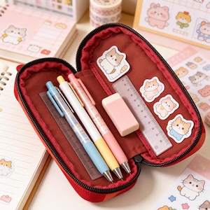May include: A red zippered pencil case containing three pens, a rectangular pink eraser, and a clear plastic ruler. The interior features four cat-themed stickers, and the case is filled with stationery items for organizing writing tools.