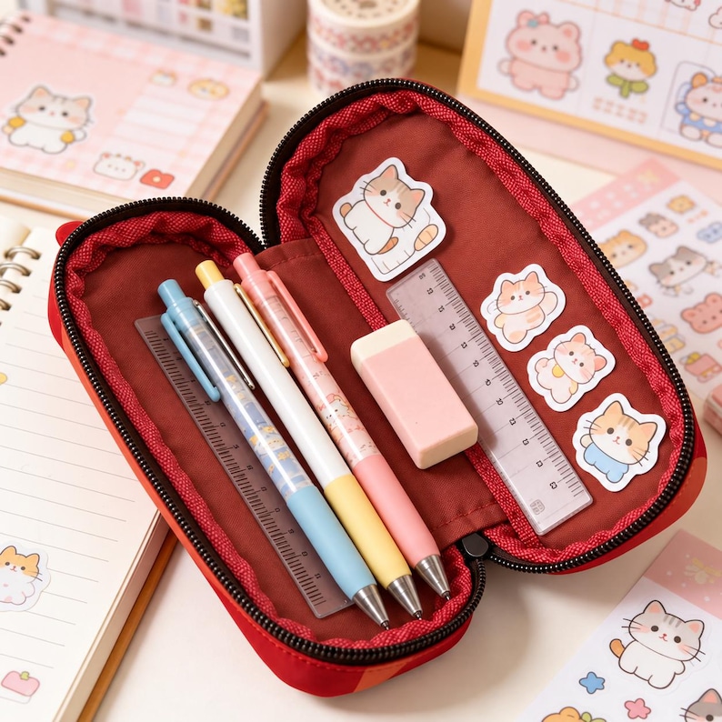 May include: A red zippered pencil case containing three pens, a rectangular pink eraser, and a clear plastic ruler. The interior features four cat-themed stickers, and the case is filled with stationery items for organizing writing tools.