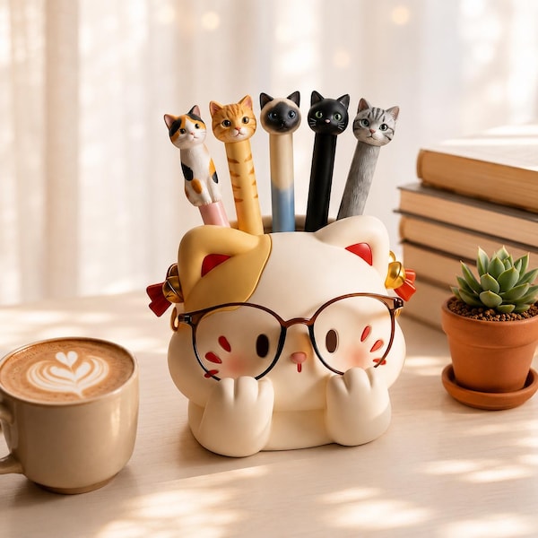 かわいい猫のペン立て（メガネスタンド付き）、かわいい樹脂製デスクオーガナイザー、猫好きへのギフト、ペン立て、ホームオフィス装飾、勉強机装飾