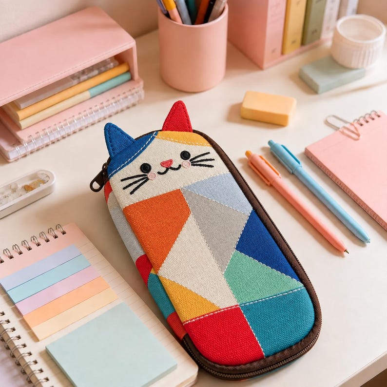 May include: A zippered pencil case shaped like a cat head with pointed blue and red ears. The front features a geometric patchwork design in orange, light blue, grey, dark blue, teal, and red fabric, with embroidered black eyes and whiskers.