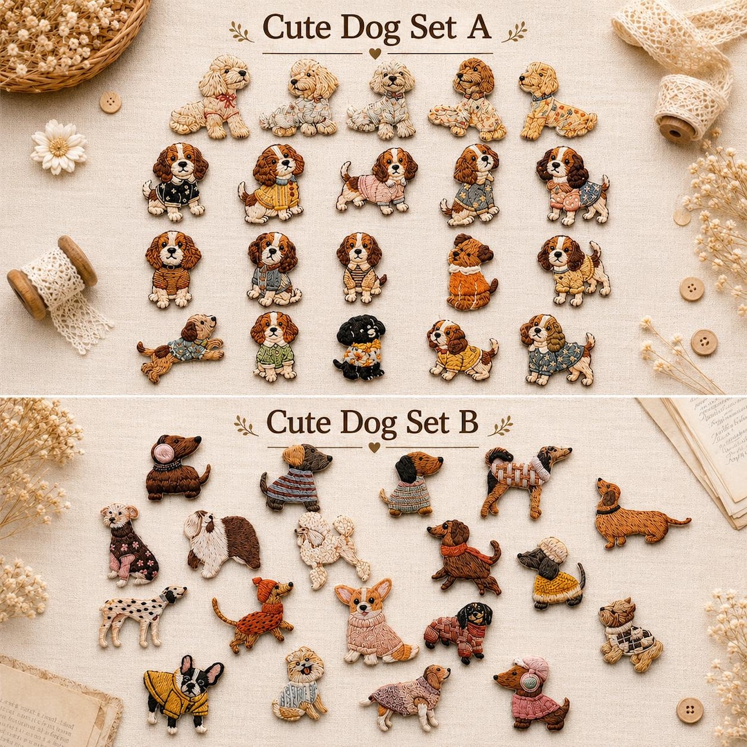 Embroidered Dog Sticker Set, Cute Puppy Stickers, Vintage Dog Scrapbook ...