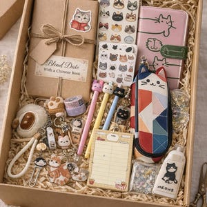 May include: A gift box filled with cat-themed items. Includes a wrapped book with a cat sticker, stickers, a pink notebook, pens, keychains, a pencil case, and a bottle with the word "MEOWS". The box is filled with straw.
