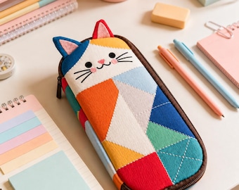 Kawaii Cat Pencil Case, Cute Patchwork Cat Pouch, Japanese Style Pencil Bag, Cat Lover Gift, Aesthetic Stationery Organizer
