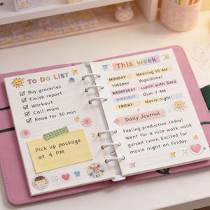 May include: Open pink planner with a to-do list and weekly schedule. The left page lists tasks like buying groceries and working out. The right page has a daily journal entry and a weekly schedule with activities like yoga and movie night.