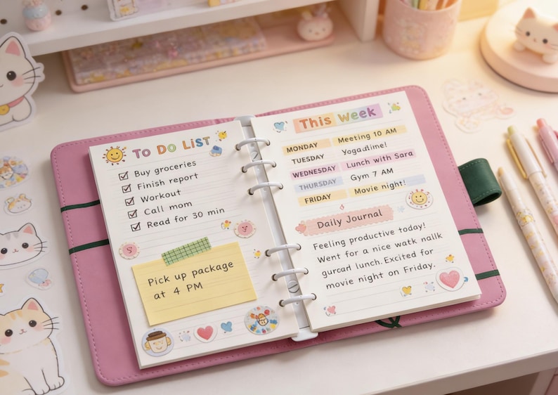 May include: Open pink planner with a to-do list and weekly schedule. The left page lists tasks like buying groceries and working out. The right page has a daily journal entry and a weekly schedule with activities like yoga and movie night.