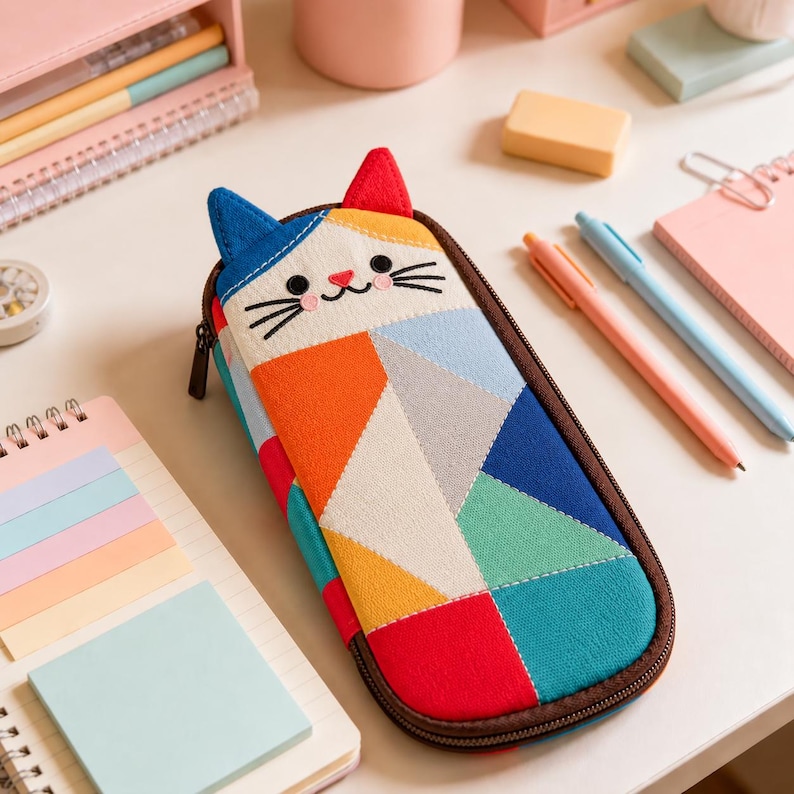 May include: A rectangular pencil case featuring a cat face design with one blue ear and one red ear. The body displays a geometric patchwork pattern in shades of orange, light blue, cream, teal, and red, finished with a dark brown zipper closure.