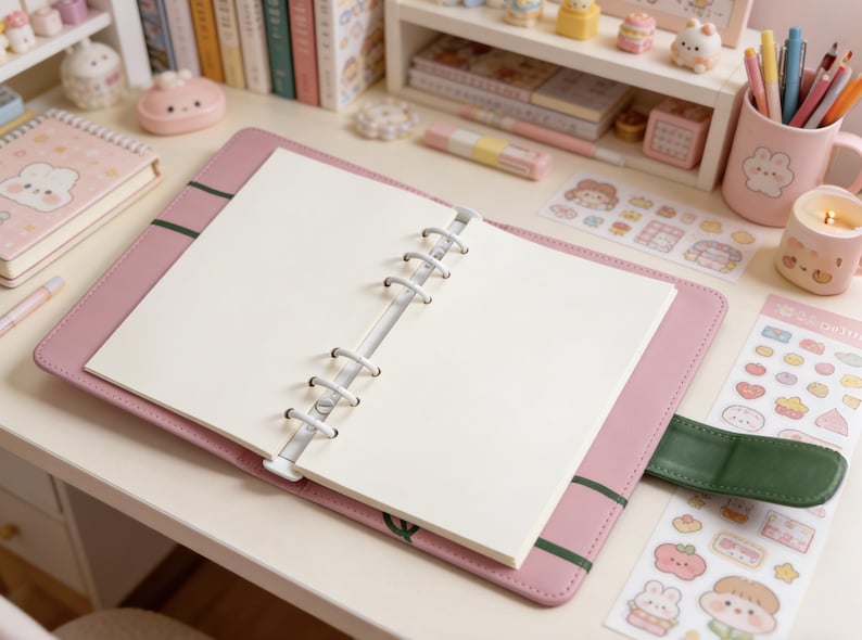 May include: A pink faux leather binder-style notebook with a green accent. The notebook is open, revealing blank white pages. The desk is decorated with stickers, a mug with pens, and other stationery items. The overall theme is cute and organized.