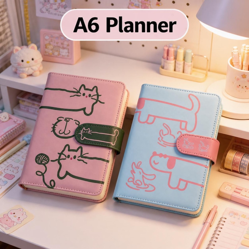 May include: Two A6 planners, one pink and one blue, are displayed. The pink planner features cat illustrations and a green clasp, while the blue one has dog illustrations and a pink clasp. The text "A6 Planner" is at the top.