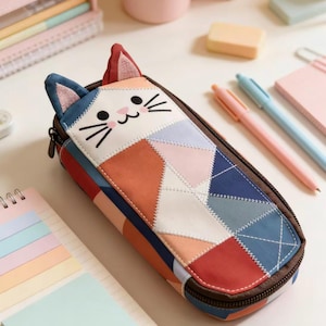 May include: A rectangular pencil case featuring a cat face design with two upright ears. The exterior is constructed from multi-coloured fabric panels in shades of blue, orange, pink, and white, arranged in a geometric patchwork pattern with visible stitching.