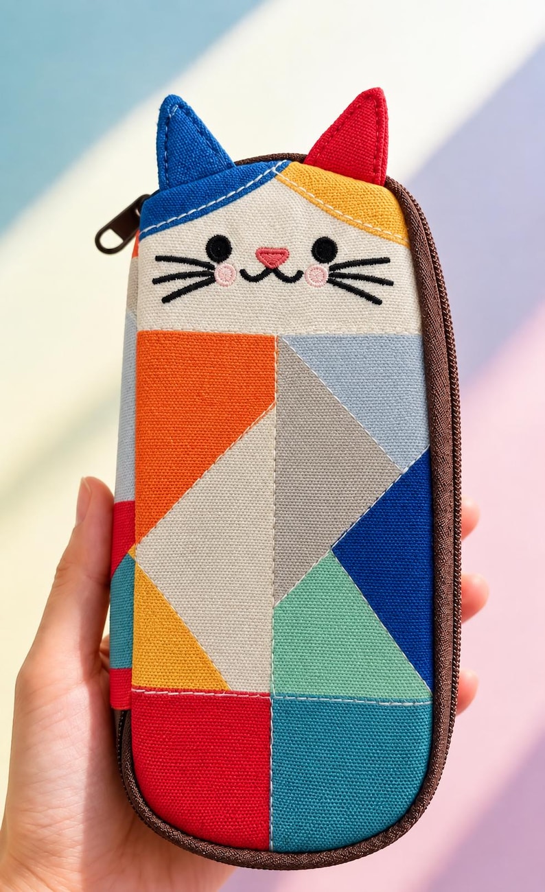 May include: A rectangular fabric pencil case featuring a cat face design with one blue ear and one red ear. The body is decorated with a geometric patchwork pattern in vibrant colors including orange, yellow, red, blue, teal, gray, and white.