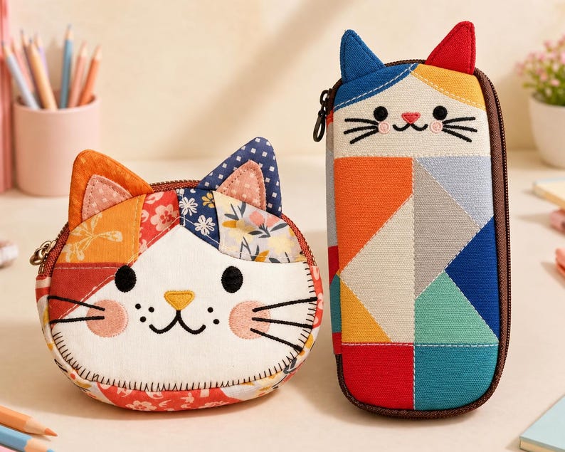 May include: A round, cat-shaped fabric pouch with a patchwork floral pattern and a tall, rectangular cat-shaped pencil case featuring a geometric, multi-colored design. Both items have embroidered facial features, whiskers, and fabric ears.