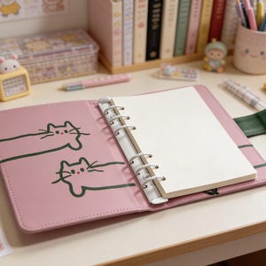 May include: A pink planner with a cat design, open to reveal blank pages. The planner has a white binder and a green strap. Other stationery items, including pens and stickers, are visible on the desk.