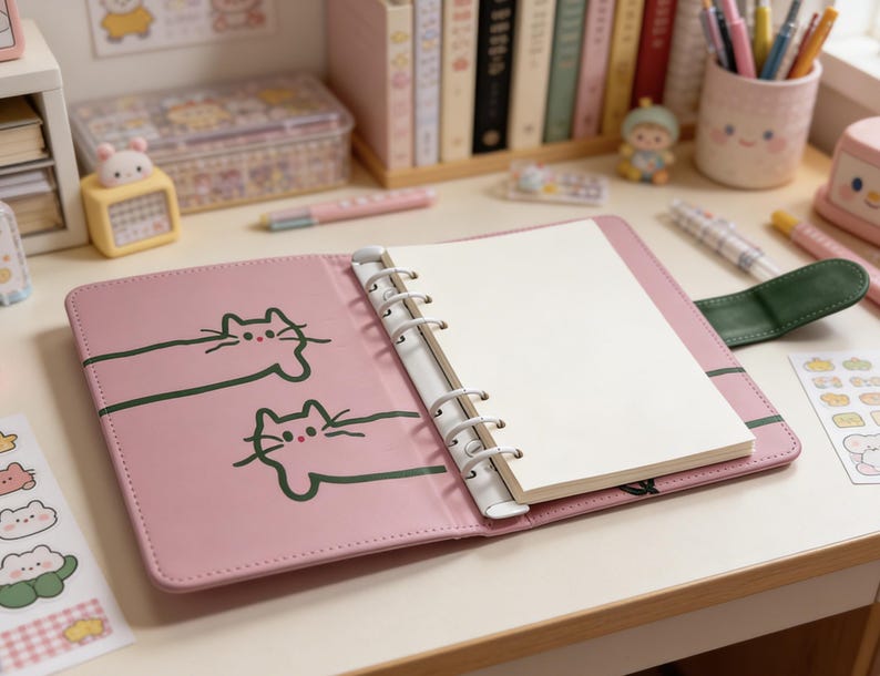 May include: A pink planner with a cat design, open to reveal blank pages. The planner has a white binder and a green strap. Other stationery items, including pens and stickers, are visible on the desk.