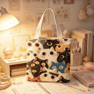 Cat Tote Bag Cute Canvas Bag Cat Lover Gift Aesthetic Cat Print Tote Double Sided Shopping Bag With Zipper Snap Button