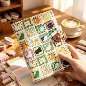 Pode incluir: Um caderno retangular com um padrão de grade de quadrados coloridos, cada um contendo uma pequena ilustração de um gato em várias cores e poses. O caderno tem um fecho de botão em forma de coração com uma alça de cordão.