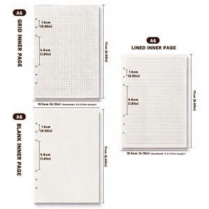 May include: Three A6 size inner pages for a planner, including grid, lined, and blank pages. Each page is 17cm (6.69in) tall and 10.5cm (4.13in) wide, with a 0.2-0.5cm margin. The pages have pre-punched holes for binding.