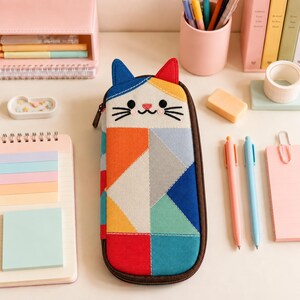 May include: A rectangular fabric pencil case featuring a cat face design at the top with blue and red ears. The body of the case displays a geometric patchwork pattern in vibrant colors including orange, yellow, gray, teal, blue, and red.