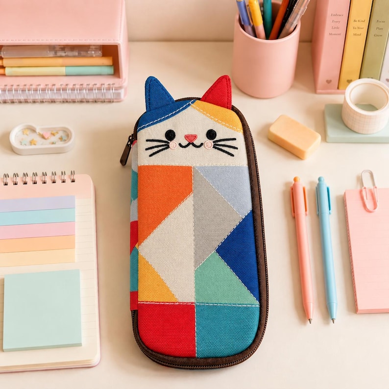 May include: A rectangular fabric pencil case featuring a cat face design at the top with blue and red ears. The body of the case displays a geometric patchwork pattern in vibrant colors including orange, yellow, gray, teal, blue, and red.