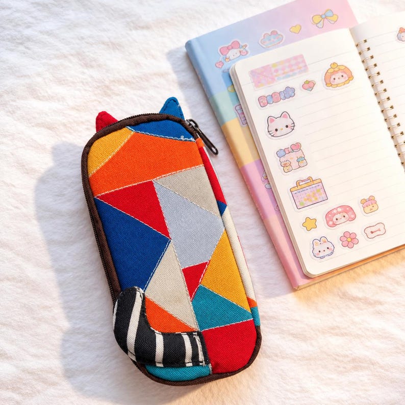 May include: A rectangular pencil case featuring a geometric patchwork pattern in vibrant shades of blue, orange, red, and grey. The case has small cat ears at the top and a black and white striped tail attached to the side, with a dark zipper closure.