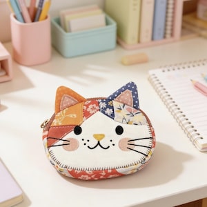 May include: A colorful, cat-shaped coin purse with a zipper closure. The patchwork design features orange, red, blue, and floral patterns. The cat's face is white with embroidered details, including whiskers, a nose, and rosy cheeks. The purse is on a white desk.