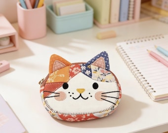 Kawaii Patchwork Cat Coin Purse, Cute Cat Zipper Pouch, Cat Lover Gift, Small Storage Bag, Handmade Style Wallet, Kawaii Accessories