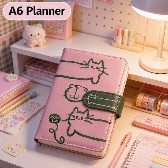 Pink Cat A6 Planner Notebook, Magnetic Closure Refillable Journal, Kawaii Cat Diary,Cute Aesthetic Notebook,Cat Lover Gift,Planner Organizer
