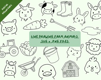 Farm Animal Line Art SVG Bundle | Hand-Drawn Clipart (Digital Download)