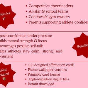 May include: Pink graphic with text detailing benefits and features for athletes. Lists target audience, benefits like building mental strength, and what's included, such as affirmation cards and phone wallpapers.