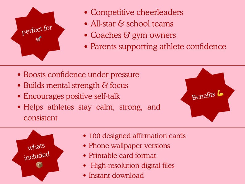 May include: Pink graphic with text detailing benefits and features for athletes. Lists target audience, benefits like building mental strength, and what's included, such as affirmation cards and phone wallpapers.