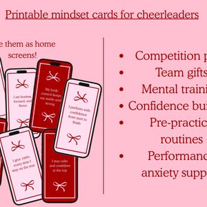 May include: Printable mindset cards for cheerleaders. The cards, designed to be used as home screens, feature motivational phrases on red and white smartphone-shaped designs. Topics include competition prep and confidence building.