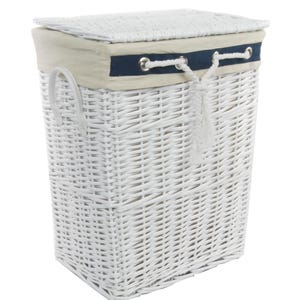 May include: White wicker laundry basket with a lid. The lid features a navy blue band and cream fabric trim. A white rope is tied to the lid. The basket has a rectangular shape and a woven design.