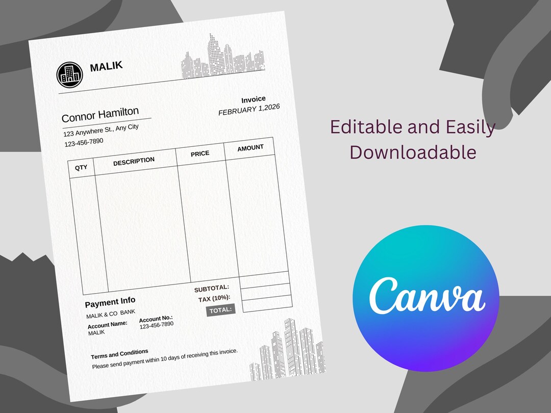 Editable Canva Invoice Template - Professional Business Billing ...