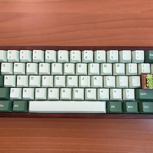 以下が含まれることがあります： 暗い木製のフレームとさまざまなキーキャップを備えたカスタムメカニカルキーボード。 キーは白、緑、オレンジの混合です。 右側には装飾的な多肉植物があります。