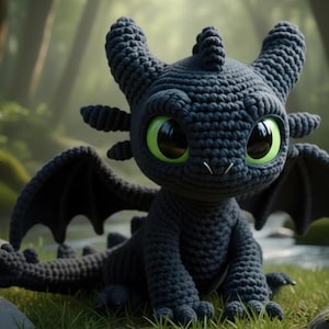 May include: A crocheted black dragon with large, bright green eyes and small black wings. The dragon is sitting on green grass, with a blurred forest background. The dragon has horns and a long tail.