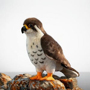 Puede incluir: Un peluche de halcón con colores marrón, blanco y negro. El ave tiene un pico amarillo y patas naranjas, posado sobre una superficie rocosa. El juguete está diseñado para parecerse a un halcón real.
