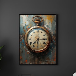 Può includere: Un'opera d'arte incorniciata con un orologio da tasca vintage con cassa color oro e quadrante color crema con numeri romani neri. Lo sfondo presenta un design astratto e colorato a spruzzi di vernice. L'opera è esposta su una parete grigio scuro.