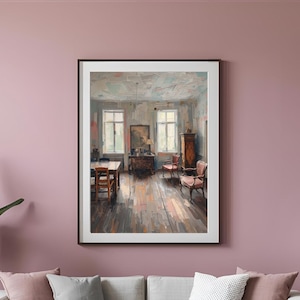 May include: A framed art print depicting an interior scene with a wooden floor, two windows, and antique furniture. The artwork is displayed above a light gray sofa with decorative pillows. A potted plant and a lamp are also visible.
