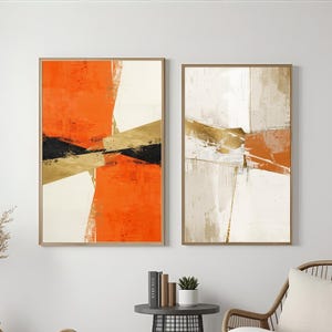 Set of 2 Orange Black Gold Wall Art, Bold Abstract Printable Art, Modern Contemporary Wall Decor, Geometric Minimalist Art Set