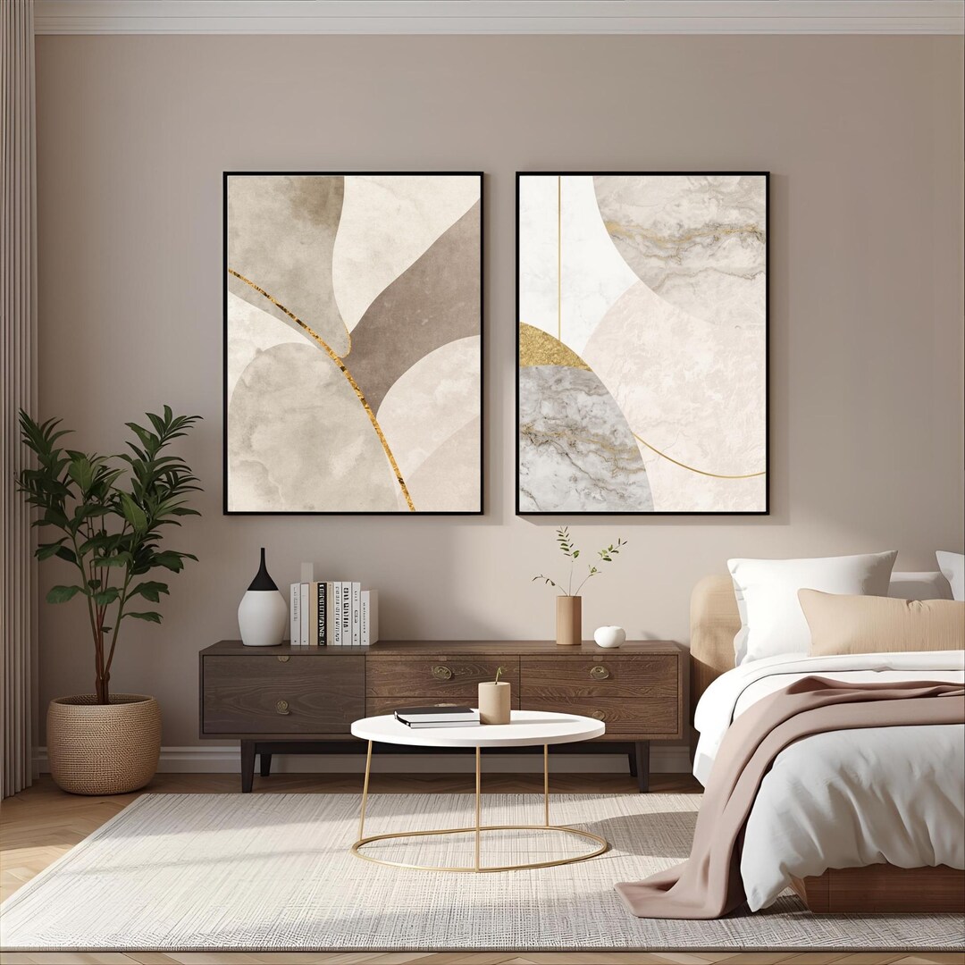 Set of 2 Neutral Abstract Wall Art Prints With Gold Line, Beige ...