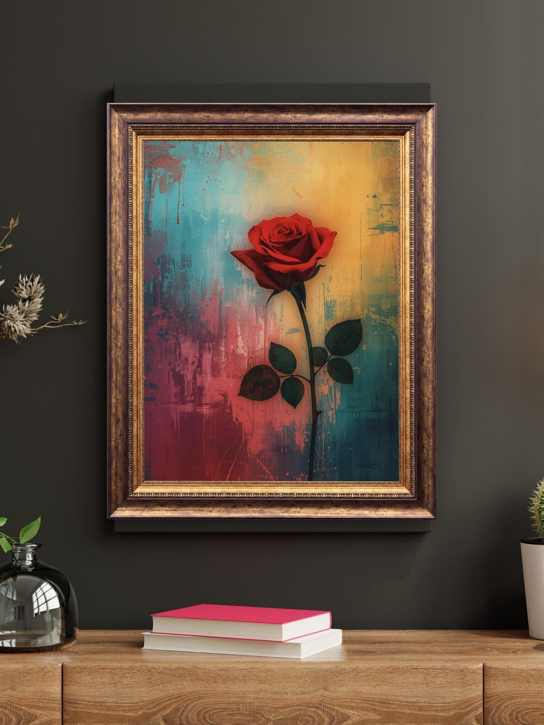 Abstract Red Rose Wall Art Print, Colorful Modern Floral Painting ...