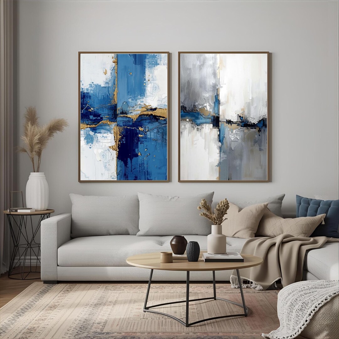 Set of 2 Blue Gold Abstract Wall Art, Luxury Navy Modern Prints ...