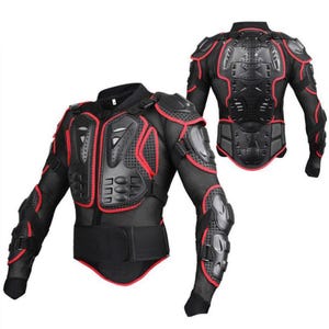 May include: Black and red motorcycle protective armour jacket. The jacket has hard plastic armour plates on the shoulders, elbows, chest, and back, with red accents and mesh fabric for ventilation. Includes a waist belt for a secure fit.