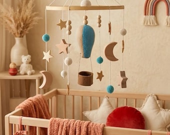Móbile de balão de ar quente para berço, estilo boho com estrelas e lua, decoração neutra para quarto de bebê, presente para recém-nascido - Mo24